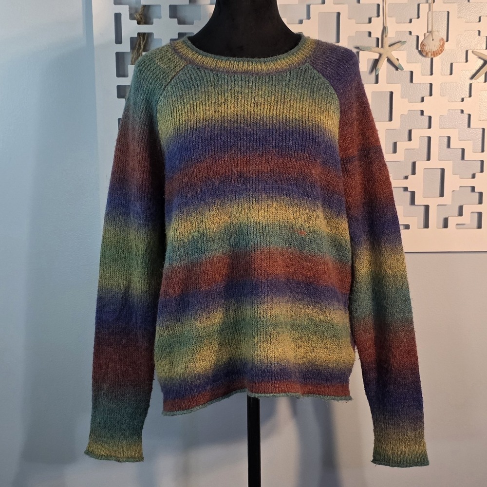 Beach Lunch Lounge Rainbow Striped Fuzzy Sweater Size L Wool Blend Pullover
